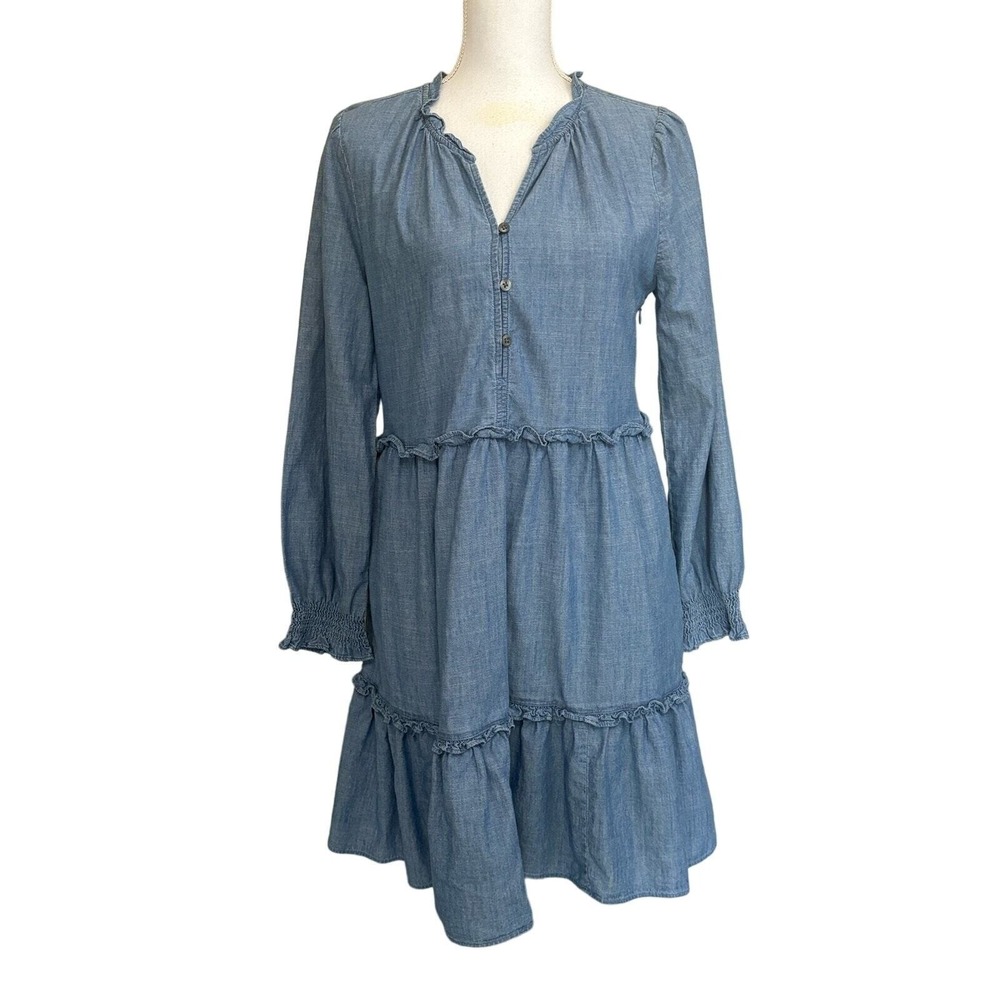 J.Crew Factory Blue Chambray Tiered Ruffle Mini Dress Cotton 8 Weekend Prairie